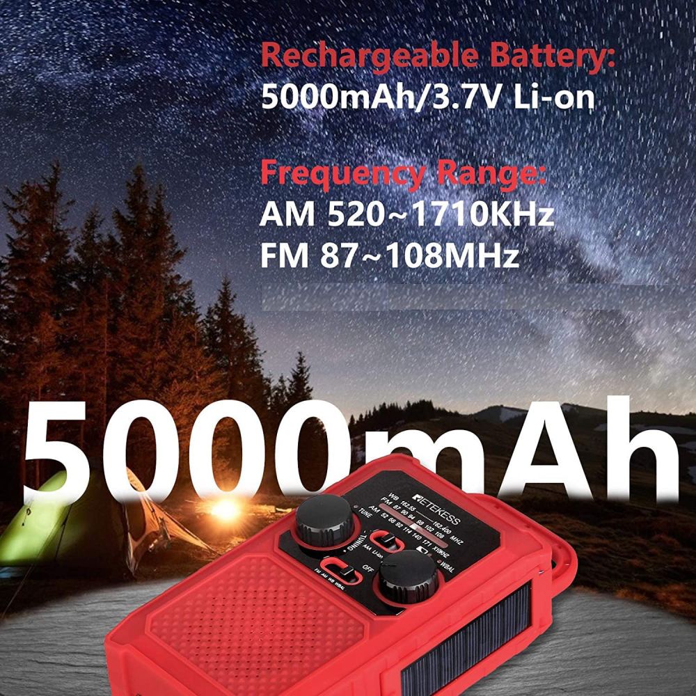 Retekess TR201 Wind Up Radio Portable, AM FM Radio d'urgence, Batterie Li-on Rechargeable Intégrée de 5000 mAh et LED Torche pour Camping, Chantier, Extérieur, Urgences