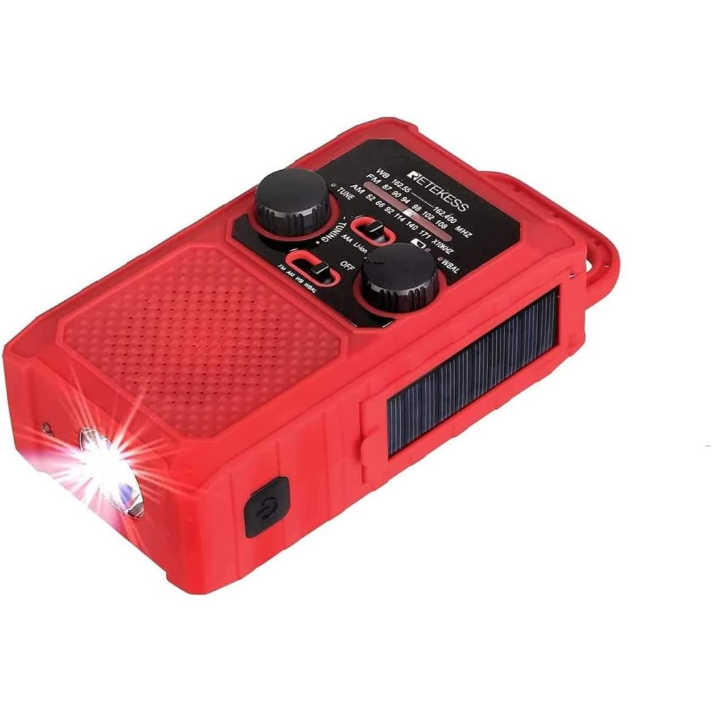 Retekess TR201 Wind Up Radio Portable, AM FM Radio d'urgence, Batterie Li-on Rechargeable Intégrée de 5000 mAh et LED Torche pour Camping, Chantier, Extérieur, Urgences