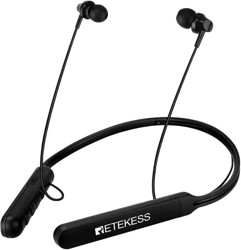 Retekess TR108 FM Radio Casque, Casque Bluetooth Neckband, Support FM Stéréo, Bluetooth Appel, Rechargeable Batteries et Affichage Numérique, Convient pour Marche 