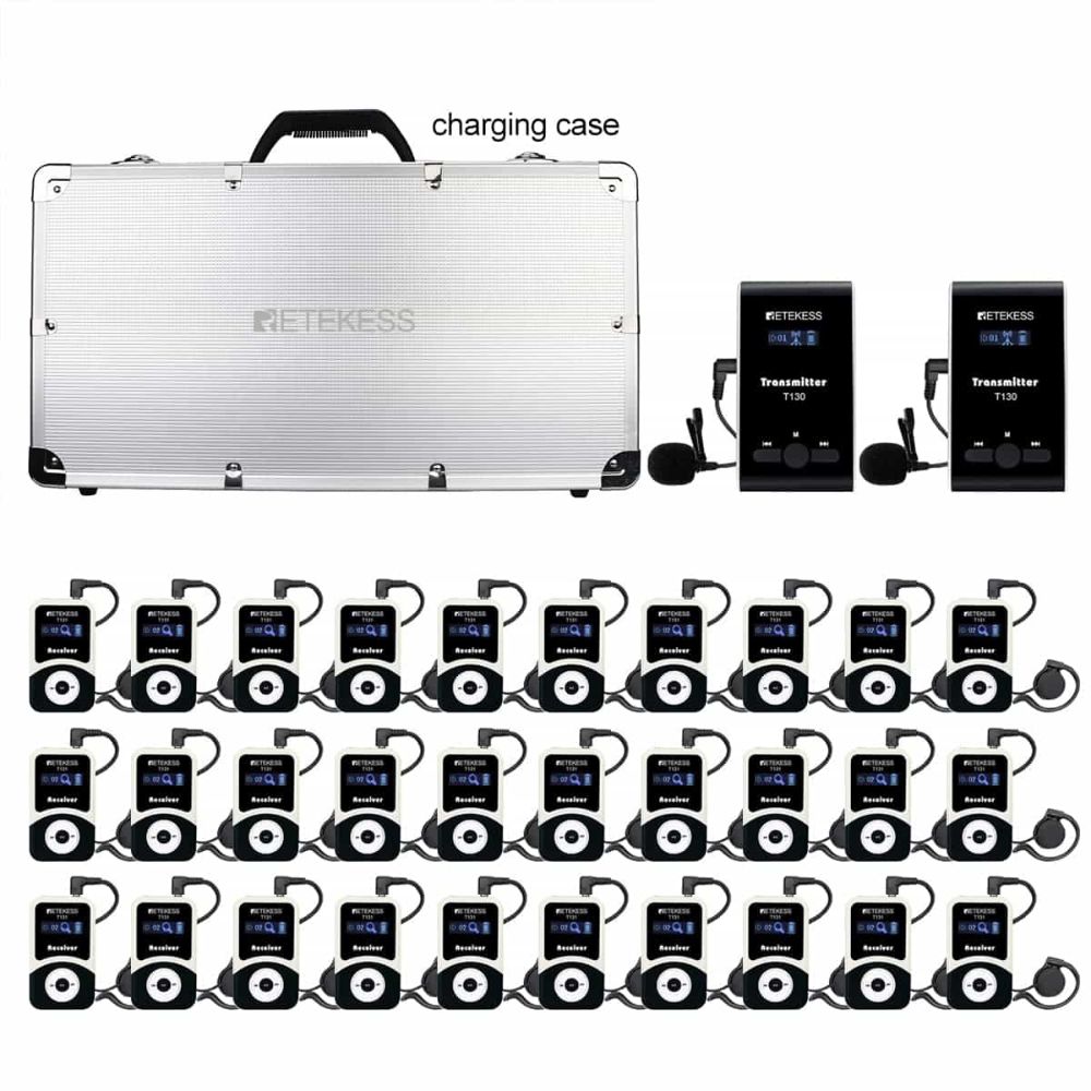 Retekess T130-T131 Système de Guide Touristique sans Fil avec Boîte de Charge Portable à 32 Emplacements