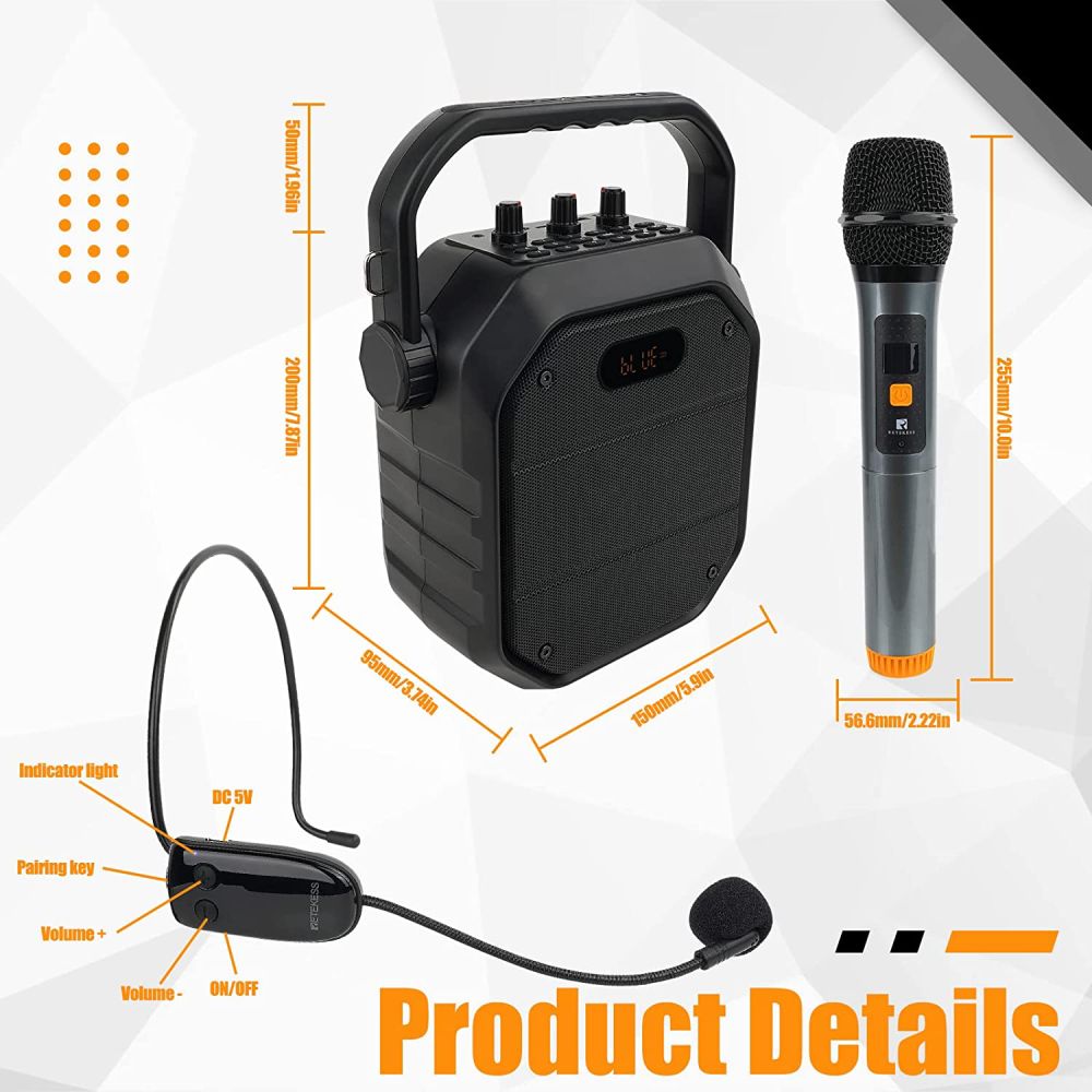 Retekess TC102 Karaoké Machine Haut-Parleur, Portable PA Système, 2 Microphones sans Fil, Support FM Radio, Bluetooth 5.0 et AUX Entrée pour Discours, Formation, Karaoké, Fête