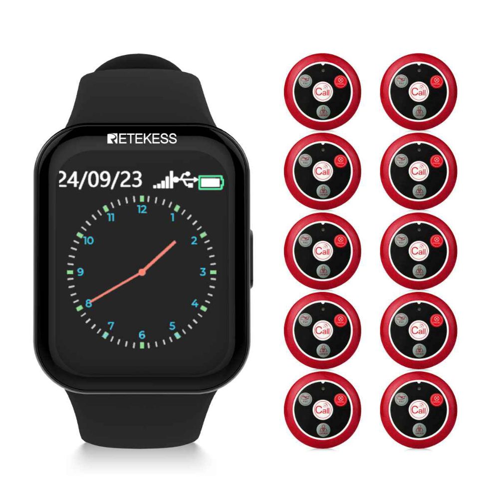 Retekess Système d'Appel de Restaurant TD113 Récepteur de Montre étanche IP67 avec Bouton d'Appel T117