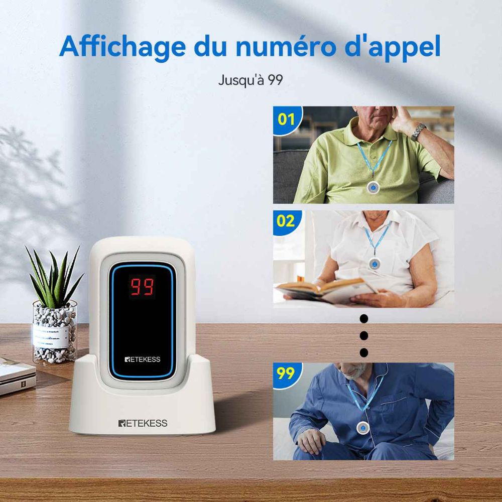 Retekess Téléavertisseur Portable TH109S avec Bouton d'Appel TH009 pour Patients âgés à Domicile