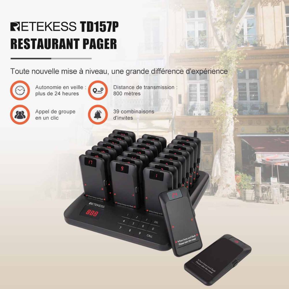 Retekess TD157P Système de Téléavertisseur pour Clients de Restaurant avec 24 Téléavertisseurs d'Alerte hors de Portée