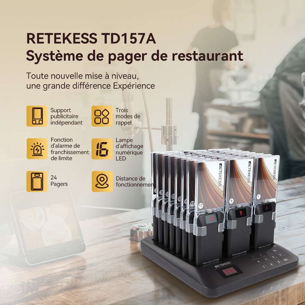 Retekess TD157A Système de Pager pour Restaurant avec 24 Supports D'autocollants Publicitaires Remplaçables