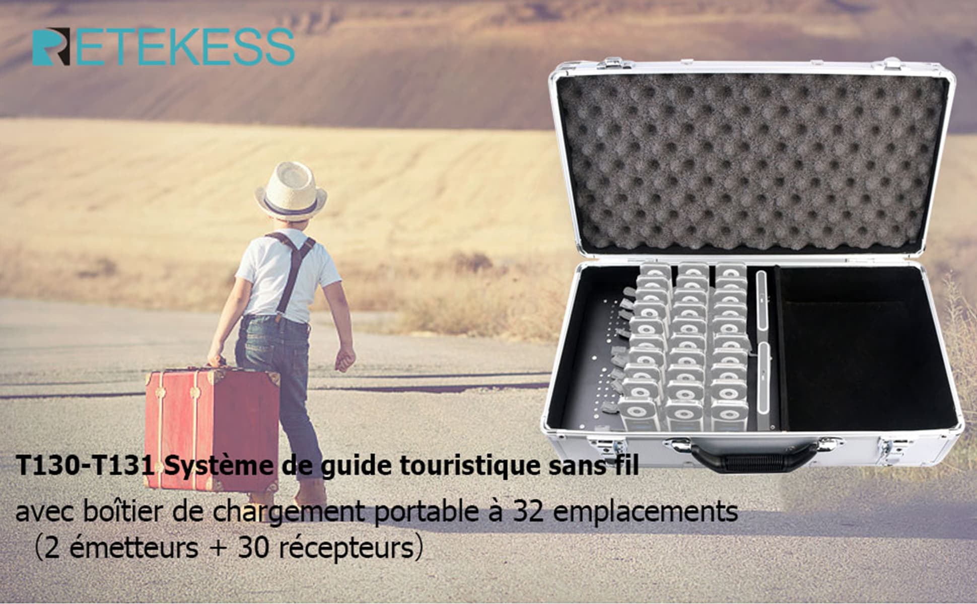 Retekess T130-T131 Système de Guide Touristique sans Fil avec Boîte de Charge Portable à 32 Emplacements pour Système de Traduction de Guid