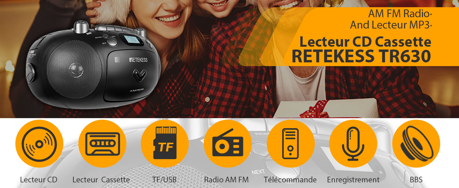 Retekess TR630 Portable CD Lecteur et Enregistreur de Cassettes, AM FM Radio, USB/TF Carte Lecture, Support Son Stéréo