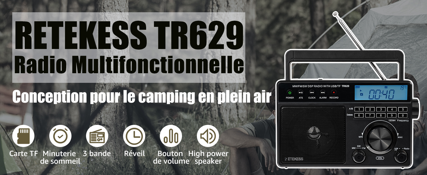 Retekess TR604 Radio Portable FM, Poste Radio Pile et Secteur, Antenne,  Transistor, Enceinte, Prise Casque, pour Personnes Âgées (Noir)