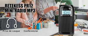 Retekess PR12 Petite Radio Portable, Mini Radio FM AM Rechargeable, DSP, Lecture MP3, TF Carte, Haut-Parleur, LCD Rétroéclairage, Cadeau de Noël doloremque