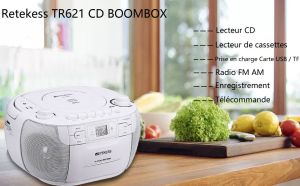 Retekess TR621 Lecteur CD Portable Boombox Stéréo avec Radio FM AM, Lecteur de Cassettes avec Enregistrement, Prise en Charge USB/TF/écouteurs, avec Télécommande (Blanc) doloremque