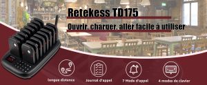 Retekess TD175 Système d’Appel sans Fil, Bipeur Restaurant, Vibration, Prêt À l'emploi sans Appairage, 7 Modes d'Appel, 500M, pour Restaurant Bar doloremque