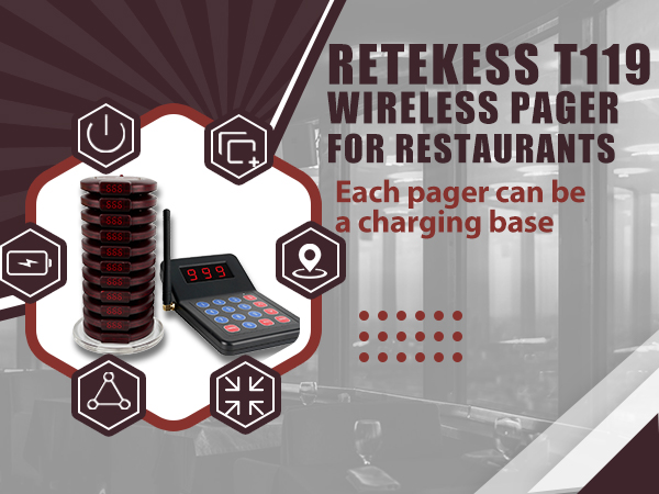 Retekess T119 Bipeur Restaurant, Système d’Appel sans Fil, 400mAh, 55H, 500M, Fiches d'appel, 2 Modes de Charge, 10 Bipper Restaurant Bar Hôpital Rester Distanciation Sociale en Attente