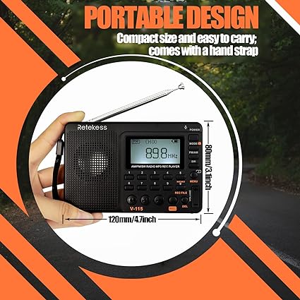 Retekess V115 Radio Portable,Petite Radio Rechargeable,FM AM SW, Piles et Secteur,Carte TF,Enregistreur, MP3,Minuterie de Sommeil,Salle de Bain,Cuisine,Cadeau de Noël(Noir)